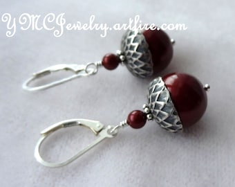 Sterling Silver Acorn Earrings,Acorn Earrings,Crystal Pearl Acorn Earrings,Leverback Earrings,Woodland Autumn Earring,Bordeaux,Fall earrings