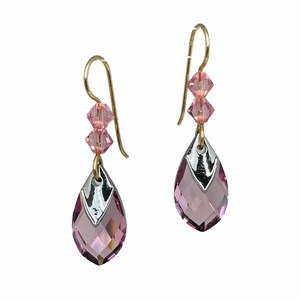 Gold Light Pink Crystal Pear Earrings Dangle,Swarovski Pear Light Rose Earrings,Light Pink Crystal Dangle, Crystal Geometry Earrings Jewelry