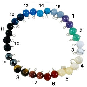 May include: A collection of fifteen gemstone beads in a circular arrangement, each with a silver-tone loop. The beads vary in color, including purple, green, white, beige, brown, red, and blue. The beads are numbered 1 through 15.