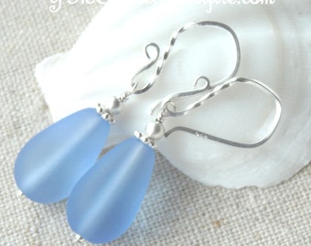 Sterling Silver Light Sapphire Sea Glass Earrings,Light Blue Seaglas Earrings,Periwinkle Blue Sea glass Earrings,Teardrop Sea glass Earrings