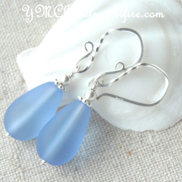 Sterling Silver Light Sapphire Sea Glass Earrings,Light Blue Seaglas Earrings,Periwinkle Blue Sea glass Earrings,Teardrop Sea glass Earrings