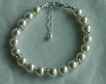 PRESTIGE Crystal Pearl Rhinestone Weddings  Bridal Sterling Silver Bracelet