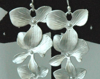 Sterling Silver Simple Orchid Flower Dangle Earrings,Orchid Earrings,Orchid Dangle,Large Flower Earrings,Silver Flower Earrings,Three Flower