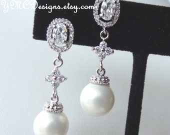 Wedding Bride Cubic Zirconia and Round Pearl Sterling Silver Dangle Earrings, White Pearl Earrings