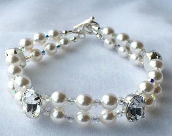 Bridal Double Strand Rhinestone Crystal Pearl Bracelet,Bride Pearl and Crystal Bracelet,Bridesmaid Gift Jewelry,Wedding Pearl Bracelet