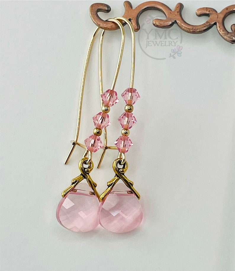 Gold Pink Briolette Earrings,Light Pink Earrings,Mother of the Bride Earrings,Mother of the Groom Earrings,Gif for mom,Pink Kidney Earrings image 2