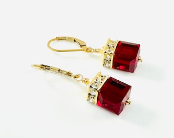 Gold Red Austrian Crystal Cube Earrings,Crystal Siam Red Earrings,Crystal Dark Red Earrings,Crystal Dangle Earrings,Cube Dangle Earrings