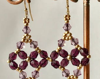 Amethyst Weave Beaded Gold Earrings, Purple Gold Earrings, Tanzanite Gold Earrings, Purple Beaded Earring, February Birthstone Earrings