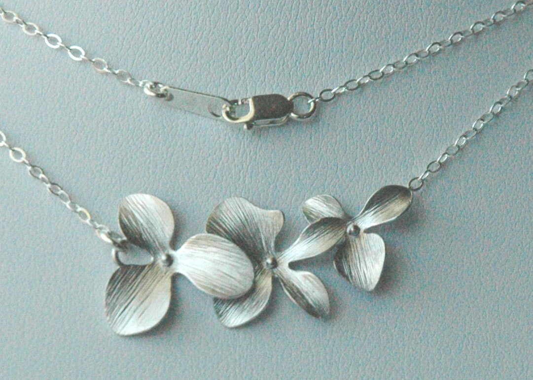 Sterling Silver Simple Triple Orchid Flower Earrings Necklace Set