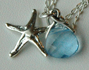 Sterling Silber Seestern mit Aquamarin Halskette,Brautjungfern Strand Hochzeit Halskette,Seestern Strand Halskette,Brautjungfern Geschenk Halskette