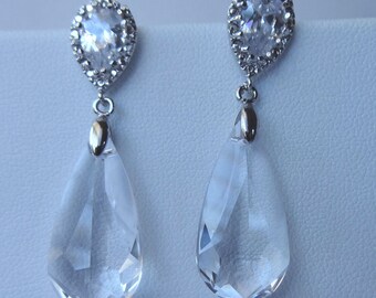 Cubic Zirconia Crystal Clear Teardrop Post Stud Dangle Earrings,Wedding Crystal Earrings,Bride Bridal Crystal Earrings,Bridesmaids Earrings