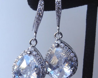 Cubic Zirconia Drop Sterling Silver Dangle Earrings, wedding Bride Earrings, Bridesmaids Earrings