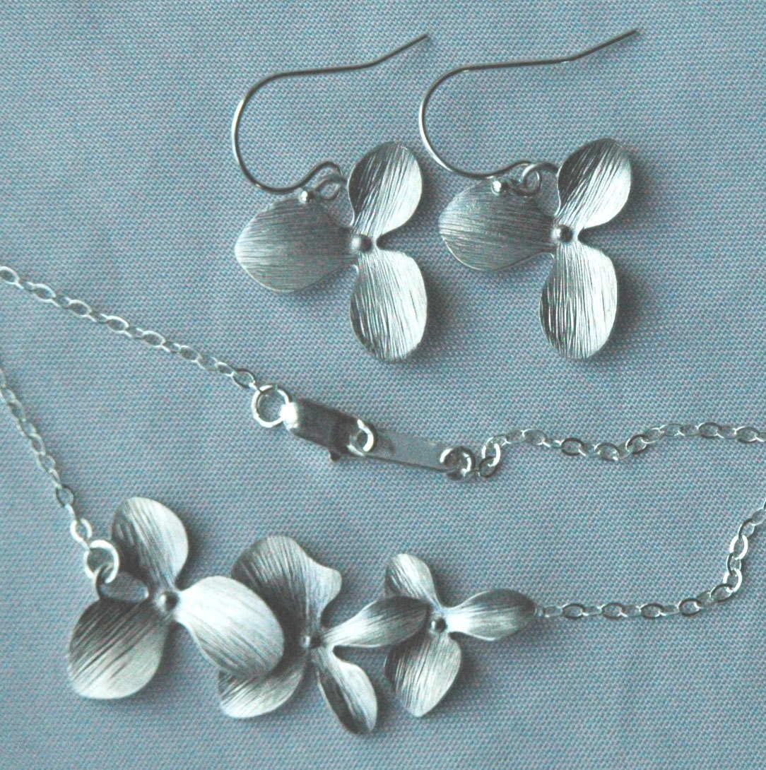 Sterling Silver Simple Triple Orchid Flower Earrings Necklace Set