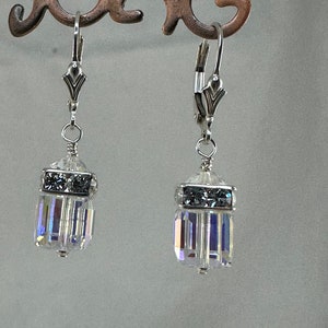 Sterling Silver Austrian Crystal Cube Earrings,Crystal AB Earrings,Crystal Clear Earrings,Crystal Dangle Earrings,Cube Dangle Earrings image 3