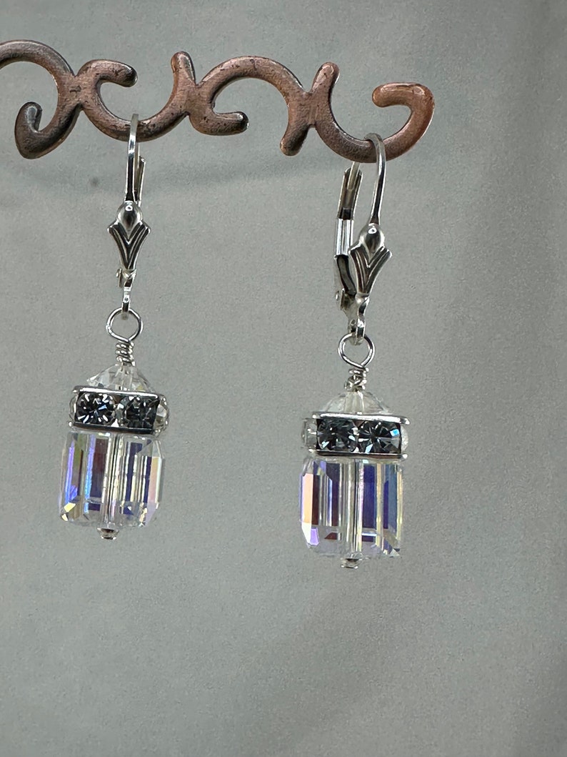 Sterling Silver Austrian Crystal Cube Earrings,Crystal AB Earrings,Crystal Clear Earrings,Crystal Dangle Earrings,Cube Dangle Earrings image 3