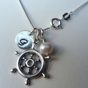 Captain&#39;s Helm Charm,  Birthstone and Stamped Initial  Sterling Silver Beach Necklace, Bridesmaids Gift Necklace, Nautical Necklace