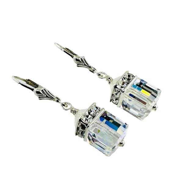 Sterling Silver Austrian Crystal Cube Earrings,Crystal AB Earrings,Crystal Clear Earrings,Crystal Dangle Earrings,Cube Dangle Earrings