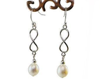 Boucles d'oreilles infini en argent sterling, boucles d'oreilles de demoiselle d'honneur en perles d'eau douce, boucles d'oreilles mère amitié, chiffre 8 huit, cadeau pour petite amie