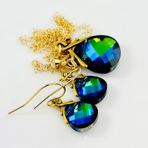 Bridesmaids Gold  Peacock SET - Gold Filled  PRESTIGE Crystal Aqua Green Sphinx Necklaces Earrings, Bridesmaids Gift, Gold Peacock Necklace
