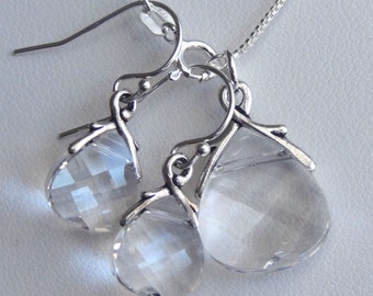 Crystal Clear Briolette Earrings Necklace Set,Bridesmaids Gift Set,Bridesmaids Earrings,Bridesmaid Necklace,Bride Crystal Clear Drop Jewelry