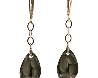 Dark Gray Crystal Silver Night Radiolarian Partly Earrings,Crystal Geometry earrings,Hematite crystal earrings,Charcoal Crystal Earrings