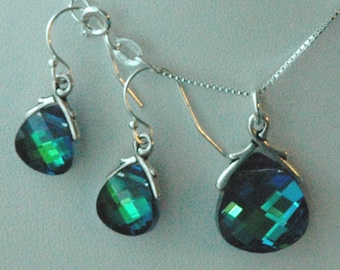 Bridesmaid Set of 5,Peacock Earrings Necklace,PRESTIGE Crystal Aqua Green Earrings Necklace,Bridesmaid Teal Blue Green Wedding Jewelry Set