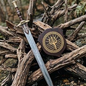 Op de afbeelding: Een decoratieve zwaard- en schildset. Het zwaard heeft een zilveren lemmet, een bruine handgreep en een goudkleurige pareerstang. Het schild is donkerbruin met een gouden drietandontwerp. De set wordt gepresenteerd tegen een achtergrond van verweerd hout.