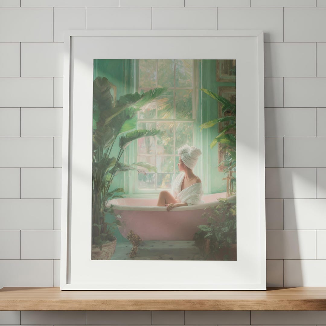 Spa Bathroom Wall Art Print, Pink Bathtub Botanical Coastal Decor ...