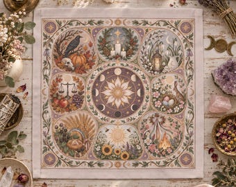 May include: A square fabric altar cloth featuring a central sun and moon phase wheel surrounded by eight circular illustrations depicting seasonal themes, including a raven, harvest fruits, a rabbit with eggs, sunflowers, and a bonfire.