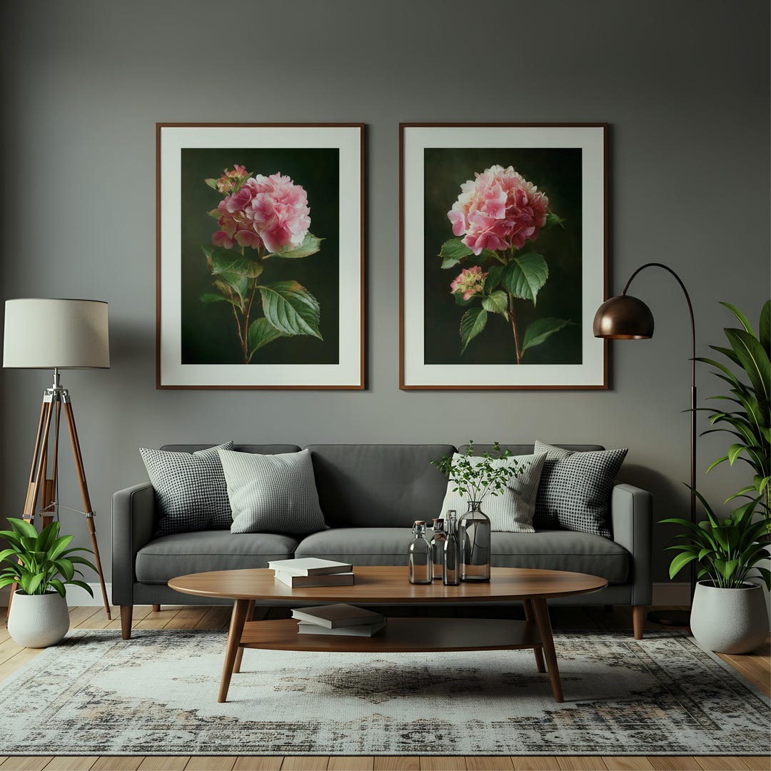 Pink Hydrangea Wall Art Set of 2, Vintage Botanical Floral Oil Painting ...