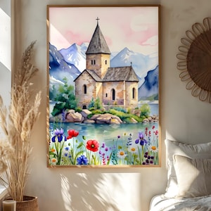 Klasztor Sewanawank, Jezioro Sewan, Armenia, Sztuka | Kościół górski nad jeziorem z dzikimi kwiatami