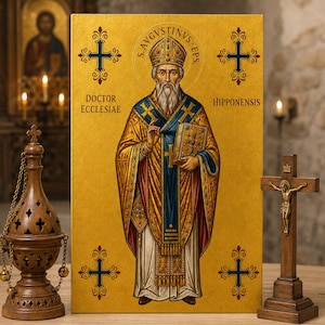 Könnte beinhalten: Eine rechteckige religiöse Ikone mit dem heiligen Augustinus in goldenen Gewändern, einer Mitra und einem Buch in der Hand. Der Text S. AVGUSTINVS. EPS. DOCTOR ECCLESIAE HIPPONENSIS steht auf dem goldenen Hintergrund mit vier Zierkreuzen.
