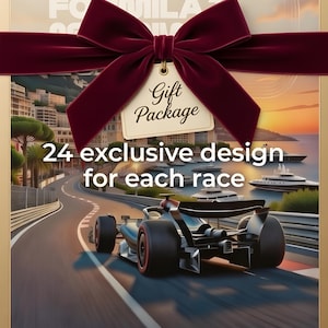May include: A gift package featuring a Formula 1 race car on a track, with text that reads "Beautiful 24-Poster Bundle" and "24 exclusive design for each race." Includes a burgundy bow and a tag that says "Gift Package."