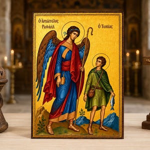 Puede incluir: Un icono religioso rectangular con una pintura del arcángel Rafael y Tobías sobre un fondo dorado. El ángel viste túnicas azules y rojas con grandes alas, mientras que Tobías lleva un pez. En la parte superior hay una inscripción en griego.
