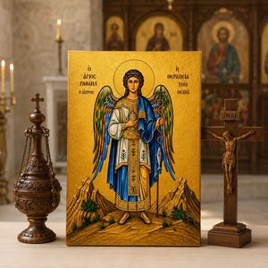Icona in legno dell'Arcangelo Raffaele – Arte murale bizantina per la guarigione e la protezione durante i viaggi.
