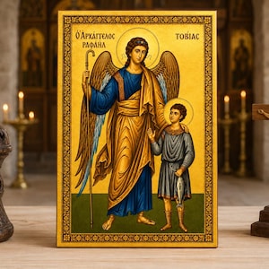 Icono de madera de San Rafael Arcángel y Tobías / Protección contra el peligro