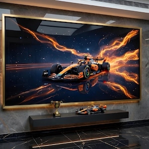 May include: A large framed artwork shows a Formula 1 race car with orange and yellow streaks against a dark, starry backdrop. The room has display shelves with model race cars and a trophy, creating a motorsport theme.