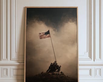 May include: A framed vertical wall art print depicting the iconic scene of soldiers raising the American flag on a rocky hill. The image features a dramatic, cloudy, sepia-toned sky and a dark, textured landscape, all enclosed in a light wood frame.