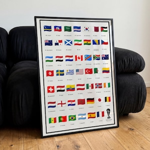 Peut inclure: Affiche encadrée présentant les drapeaux de divers pays, dont la France, le Brésil et le Japon. Les drapeaux sont disposés en grille, chacun étant numéroté. L'affiche est dans un cadre noir et est posée contre un canapé noir.