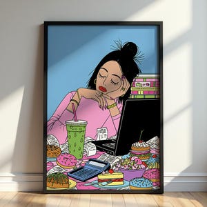 May include: A framed illustration of a person with dark hair in a bun wearing a pink long-sleeve shirt, resting their head on a hand. A laptop, a green drink, a calculator, and various pastries like donuts and cake are on the desk in front of them.