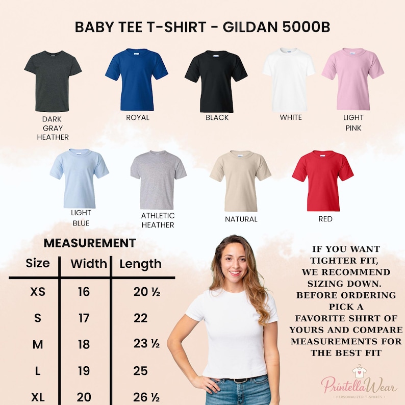 以下が含まれることがあります： Gildan 5000BベビーTシャツのカラーチャート。ダークグレーヘザー、ロイヤル、ブラック、ホワイト、ライトピンク、ライトブルー、アスレチックヘザー、ナチュラル、レッドの9色展開。センチメートル単位の幅と丈のサイズ表付き。