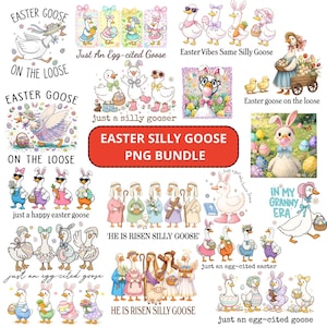 May include: A collection of whimsical Easter-themed illustrations featuring geese in various poses and outfits. The designs include geese with sunglasses, bunny ears, and carrying Easter baskets, with text like "Easter Goose" and "Just an Egg-cited Goose."