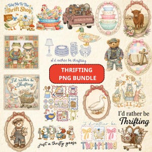 Puede incluir: Una colección de ilustraciones de estilo vintage con animales, utensilios de cocina y texto. Las imágenes incluyen un pato, un oso de peluche, una pareja de ranas y una camioneta. El texto incluye "Take Me To The Thrift Shop" y "Thrifting PNG Bundle."