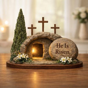 May include: A religious Easter scene featuring a stone tomb with three crosses, a large stone with the text "He Is Risen", and a small evergreen tree. The tomb has a glowing interior, and the scene is set on a wooden base.