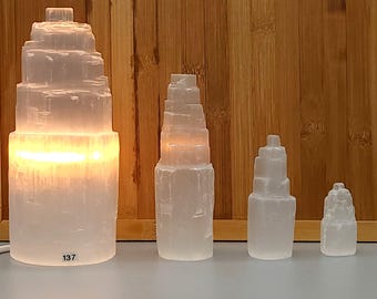 TOURS à étages + grande LAMPE en pierre de SÉLÉNITE (blanche) 4 tailles au choix - Uniques, Originales & Artisanales
