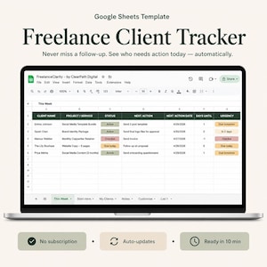 May include: A laptop screen displays a Google Sheets template titled "Freelance Client Tracker." The spreadsheet shows client names, project details, statuses, and deadlines. Text at the top reads "Never miss a follow-up." Additional text highlights "No subscription," "Auto-updates," and "Ready in 10 min."