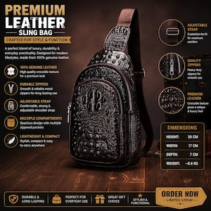 Pode incluir: Uma bolsa transversal castanho-escura com textura de pele de crocodilo, com vários compartimentos com fecho e uma alça ajustável. A bolsa mede 30 cm de altura, 17 cm de largura, 7 cm de profundidade e pesa cerca de 0,6 kg.