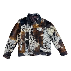 Chaqueta de hombre de piel de vaca auténtica con patchwork / Abrigo vaquero estilo camionero con pelo