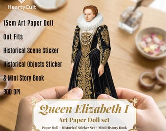 Kit para hacer una muñeca de papel de la reina Isabel I / Pegatinas de vestuario histórico, mini libro (PDF imprimible)