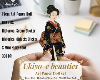 Ukiyo-e Paper Doll Set, Japanese Edo Kimono Art, Historical Stickers (Digital Download)